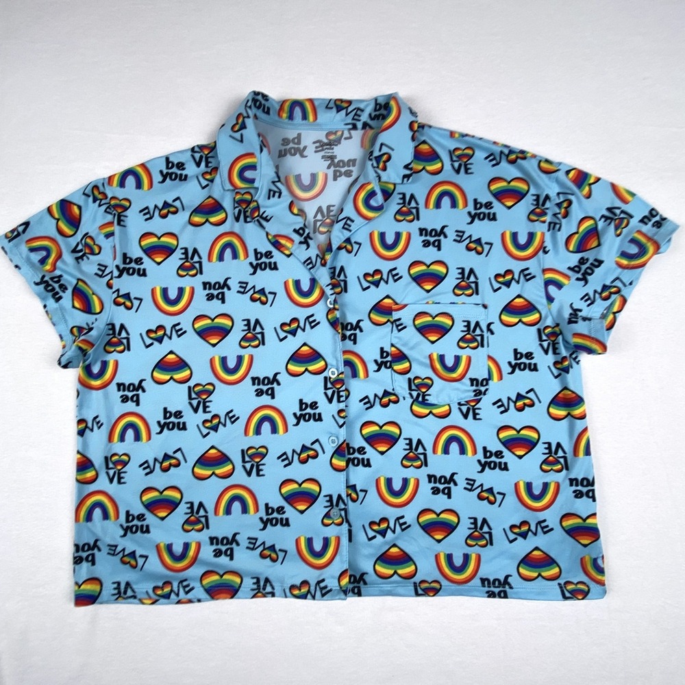 Way to Celebrate Pride Womens Blue Rainbow Heart Be You Button Down Shirt L